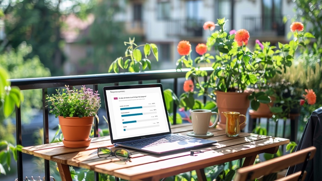 En laptop som visar en sammanfattning av svar är placerad på ett träbord på en balkong, omgiven av krukväxter och kaffemuggar.