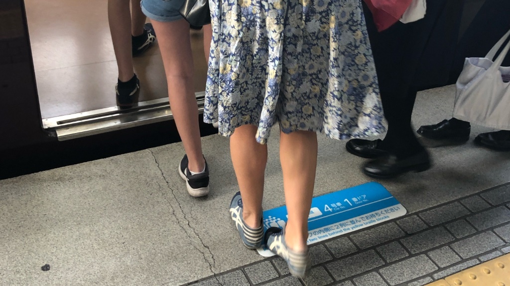 Several people are boarding a train, with a woman in a floral dress stepping onto the platform marker while others in casual and business attire move towards the open door.