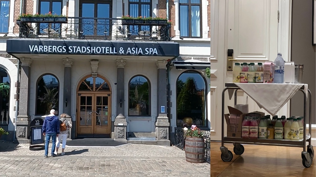 Bilden består av ett kollage som visar entrén till Varbergs Stadshotell & Asia Spa till vänster, och en dryckesvagn med olika drycker inne i hotellet till höger.