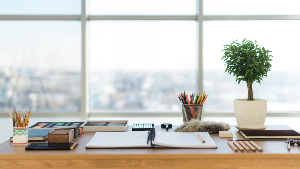 A tidy and well-organized desk with art supplies, notebooks, and a potted plant, set against a bright, windowed background.