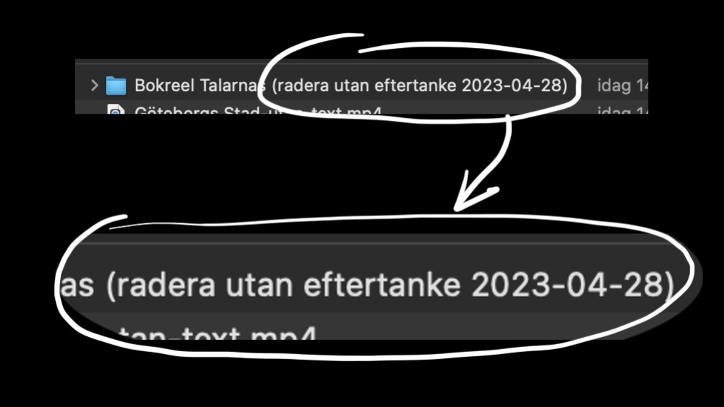 En mapp heter "Bokreel Talarnas (radera utan eftertanke 2023-04-28)" och är markerad som om den ska raderas.