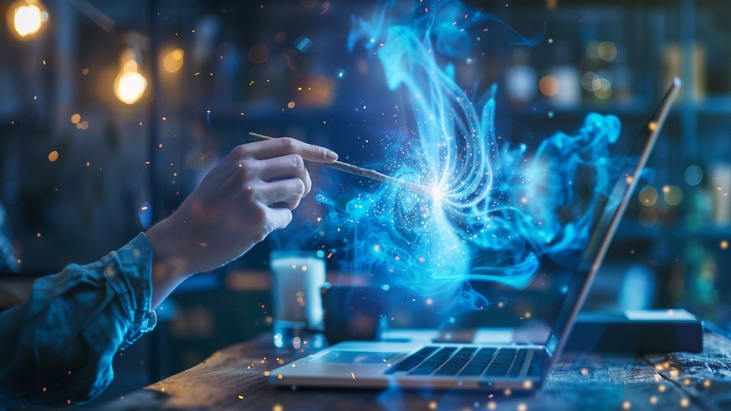 A hand holding a magic wand casts a glowing blue spell over a laptop, creating a swirl of light and sparks.