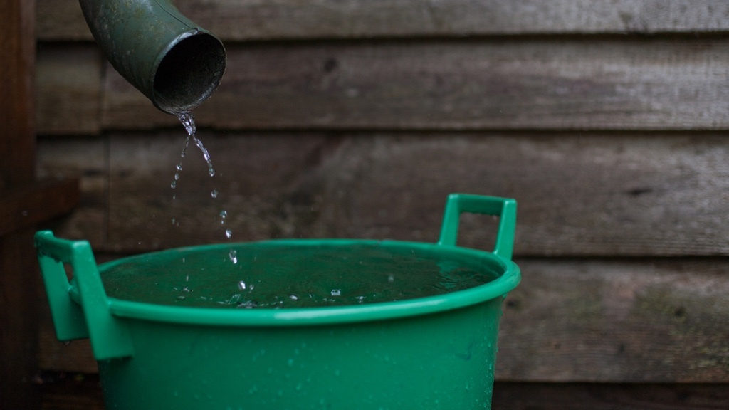 A green bucket is being filled with water dripping from a metal pipe.