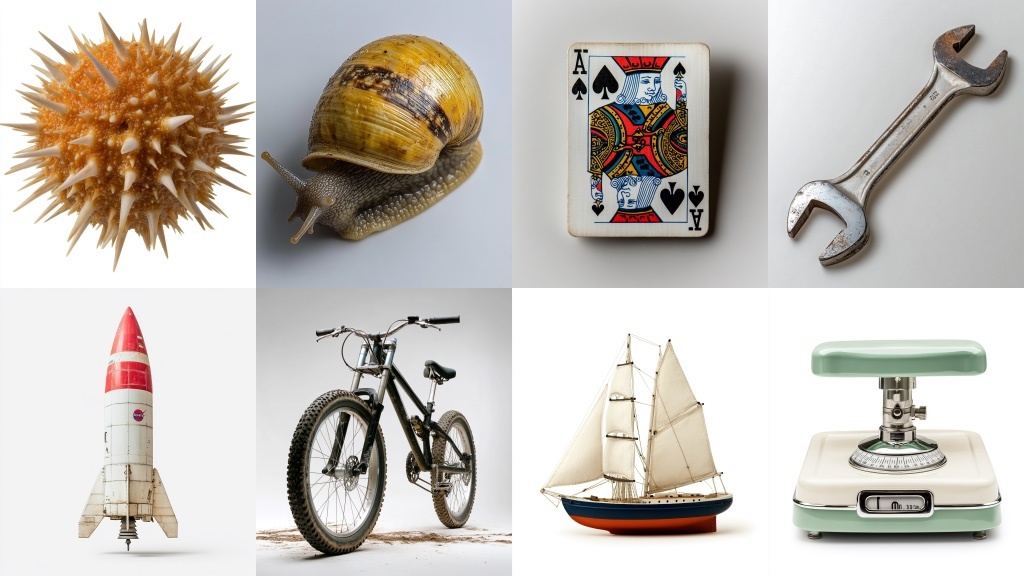 A collage of eight objects includes a spiky sea urchin, a snail, an ace of spades playing card, a wrench, a rocket, a mountain bike, a sailing ship, and a vintage kitchen scale.